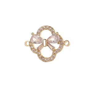 Klavertje vier verbindingsstuk met roze zirkoon strik voor handgemaakte DIY sieraden