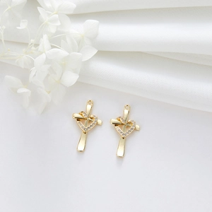 Golden heart cross pendant with sparkling zircons for jewelry DIY making