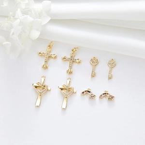 Zirconia Cross Heart Key Rainbow Pendants 14K Gold Plated Copper Charms For Necklace Bracelet DIY Jewelry Making Women
