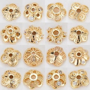 14K Gold Plated Copper Zirconia Flower Bead Caps Hollow Petal Spacers DIY Jewelry Findings Accessories For Bracelets
