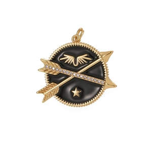 Vintage gold gear pendant with black enamel, crossed arrows, and zircon accents