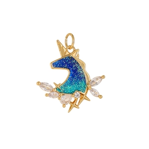 Golden unicorn pendant with gradient blue enamel and sparkling cubic zirconia stones