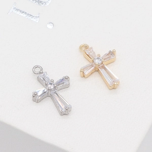 14K Gold Plated Copper Cross Pendant With Baguette Cut Zirconia Religious Jewelry DIY Accessories For Women Necklaces