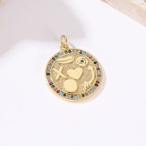 Minimalist 14k gold geometric coin pendant with embossed symbols and colorful zircon stones