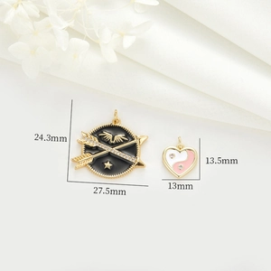 14K gold plated enamel heart and round arrow charms for DIY jewelry making