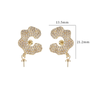 S925 silver wave shaped earring components with cubic zirconia and gold finish 13x21mm