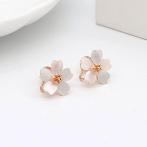 Elegant gold-plated cherry blossom clip-on earrings with white resin petals