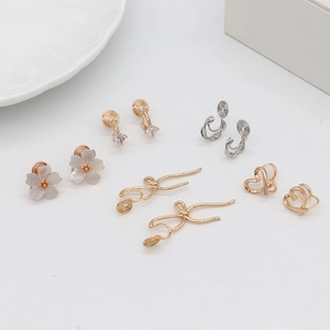 Luxury Copper 14K Gold Plated Painless Spiral Ear Clips Heart Cherry Blossom Zirconia Non Pierced Earrings For Women Jewelry