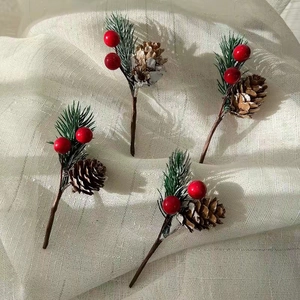 Artificial Christmas Pine Pick With Pine Cones Red Berries Snow Pine Needles For DIY Xmas Wreath Decor Home Party Floral Decoration
