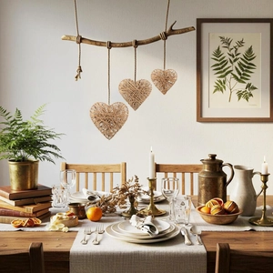 Rustic handmade heart-shaped jute twine hanging decorations on natural wood branch