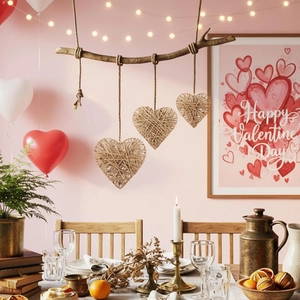 Handmade jute rope heart decorations hanging on a natural wooden branch for rustic home decor