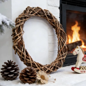 Couronne ronde en rotin naturel pour décoration de Noël DIY devant la cheminée