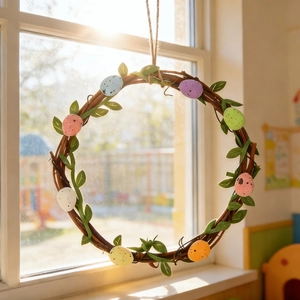 Couronne de Pâques en rotin naturel avec feuilles vertes et œufs colorés devant la fenêtre