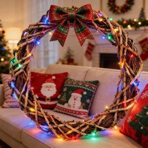 Couronne de Noël artisanale en vigne avec nœud écossais et lumières LED multicolores