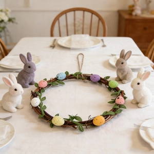Couronne de Pâques en rotin avec œufs colorés et feuilles vertes sur nappe blanche