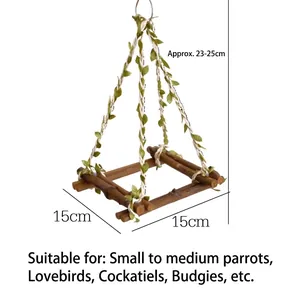 Natural wood bird swing with artificial leaf vines for small parrots and budgies