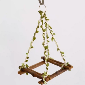 Natural wood bird swing with woven rope and green leaves for small parrots and birds