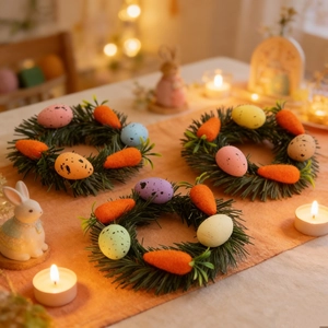 Easter mini wreaths with colorful eggs and carrots for festive home table decoration