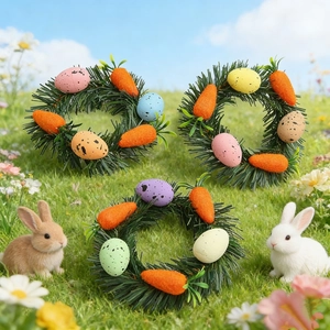 Three Easter egg and carrot mini wreaths on green grass under a blue sky background
