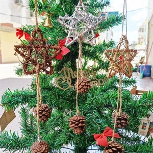 Handmade Rattan Woven Star Christmas Tree Hanging Ornaments With Natural Pine Cones Gold Silver Rustic Holiday Home Decor