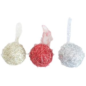 Three 6cm sparkling Christmas balls in gold, red, and silver with elegant hanging ribbons