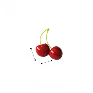 Detailed view of artificial red cherries with bright yellow stems measuring 3cm in diameter