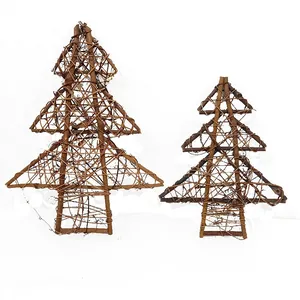 Set of two rustic rattan Christmas tree wreaths for DIY holiday wall and door decorations