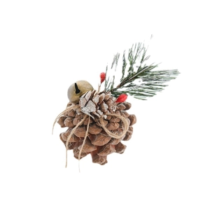 Christmas pine cone ornament with pine needles, red berries and bell for holiday home decor