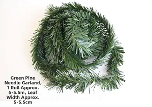 Close-up of artificial pine needle garland showing 5-5.5m length and 5.5cm width specs