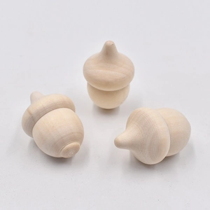 Three unfinished acorn-shaped wooden crafts for DIY painting and home decoration