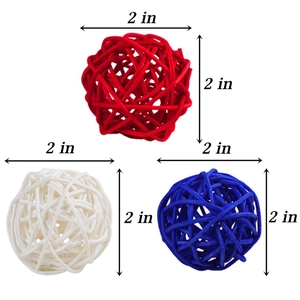 Detail showing 2-inch diameter red, white, and blue woven rattan balls for bird toy or decor