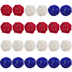 Set of 20 woven rattan balls in red white and blue colors for holiday decoration