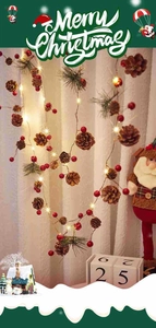 Christmas pine cone garland with red berries and warm LED lights for holiday home decor
