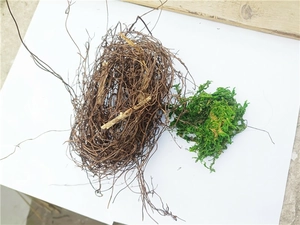 Close-up of a handmade natural vine bird nest with fresh green moss for micro landscape decor