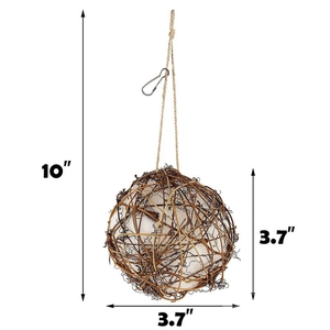 Bird chew toy hanging rattan ball with metal hook and dimensions of 10 and 3.7 inches