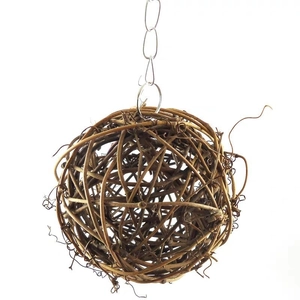 Detail of hand-woven natural rattan bird toy ball with durable metal hanging chain hook