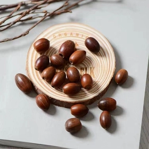 Natural brown acorns on a wooden tray for rustic wedding decor and photography props