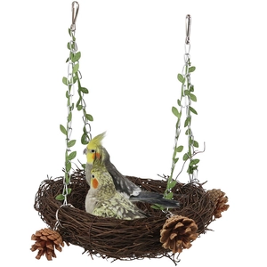 Hanging woven bird nest with pine cones and decorative chains for pet parrots