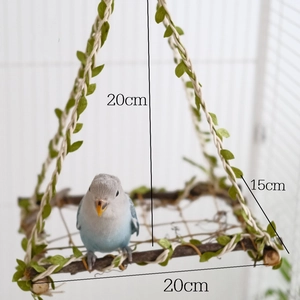 Parrot swing bird cage toy made of natural wood with artificial leaves and climbing rope
