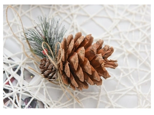Detailed view of rustic Christmas pine cone hanging ornament with pine needles and berries