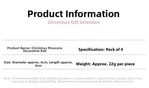 Detailed specifications for Christmas pine cone ornaments including size and weight details
