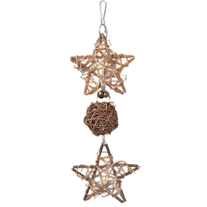 Hanging bird toy with natural rattan stars and balls featuring metal bells for parrots