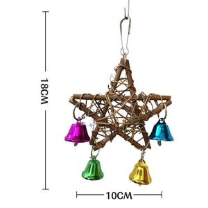 Detail view of woven rattan star bird toy with colorful bells and dimensions 18cm by 10cm