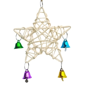 Close-up of woven star bird toy with colorful bells and durable hanging metal ring