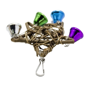 Star-shaped rattan bird toy with colorful bells and hanging hook for parrot climbing