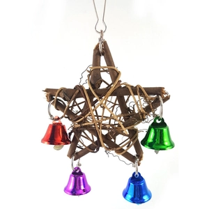 Star-shaped woven rattan bird toy with four colorful bells and metal hanging hook