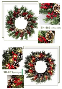 Christmas pine needle wreath with red berries and pine cones available with or without lights