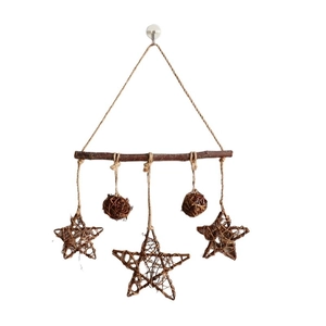 Rustic wooden branch wall hanging with stars and rattan balls for vintage home decor