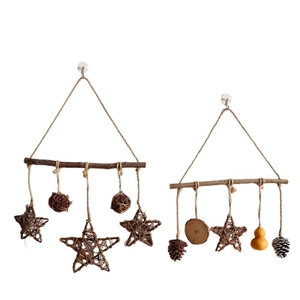 Handmade wooden pine cone wall hanging with stars and natural forest rustic ornaments