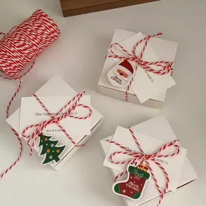 Detail of Christmas gift box with red-white cotton twine and festive paper tags